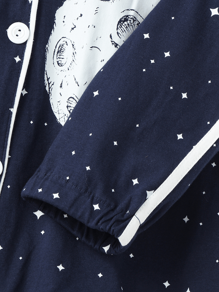 Women Allover Starry Sky Figure Print Revere Collar Cotton Cuffed Pajamas Sets - MRSLM
