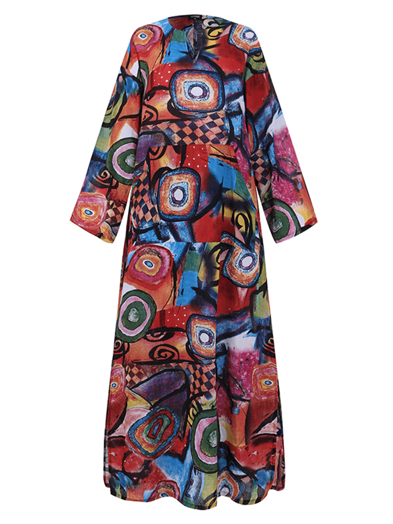 Women Ethnic Abstract Print Long Sleeve Bohemian Maxi Dress - MRSLM