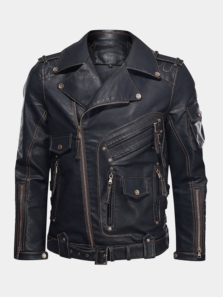 Mens Zip-Up Multi Pocket PU Leather Motorcycle Jacket - MRSLM
