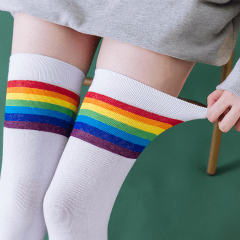 Women Cotton Rainbow Stripe Pattern Casual Universal over Knee Leggings Thigh Socks Stockings - MRSLM