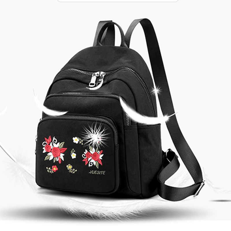 Women Nylon Waterproof Floral Casual Embroidered Backpack - MRSLM