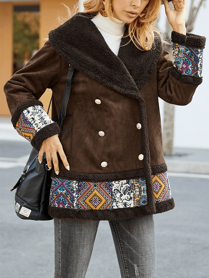 Casual Patch Print Faux Suede Double-Breasted Winter Coats - MRSLM