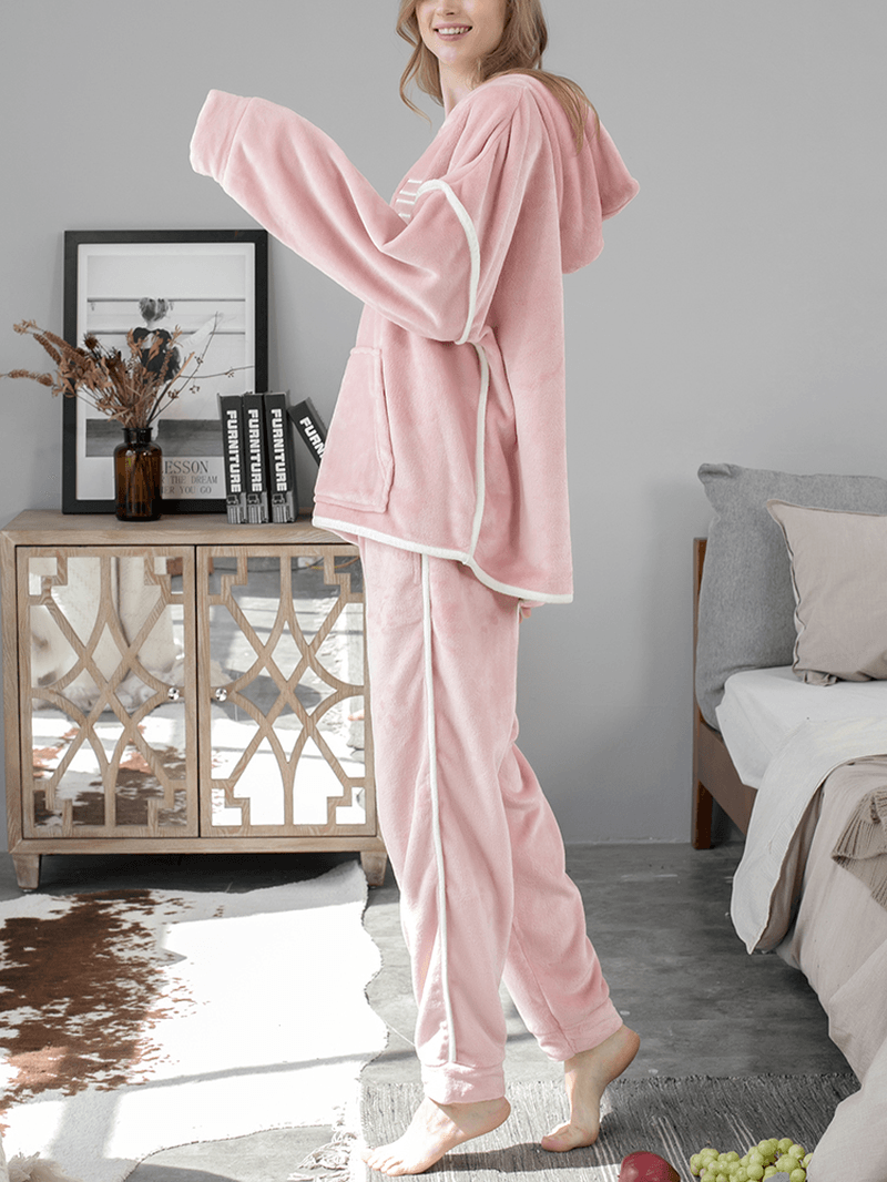 Women Flannel Letter Embroidery Thicken Hoodie Elastic Waist Loose Pants Home Pajama Set - MRSLM