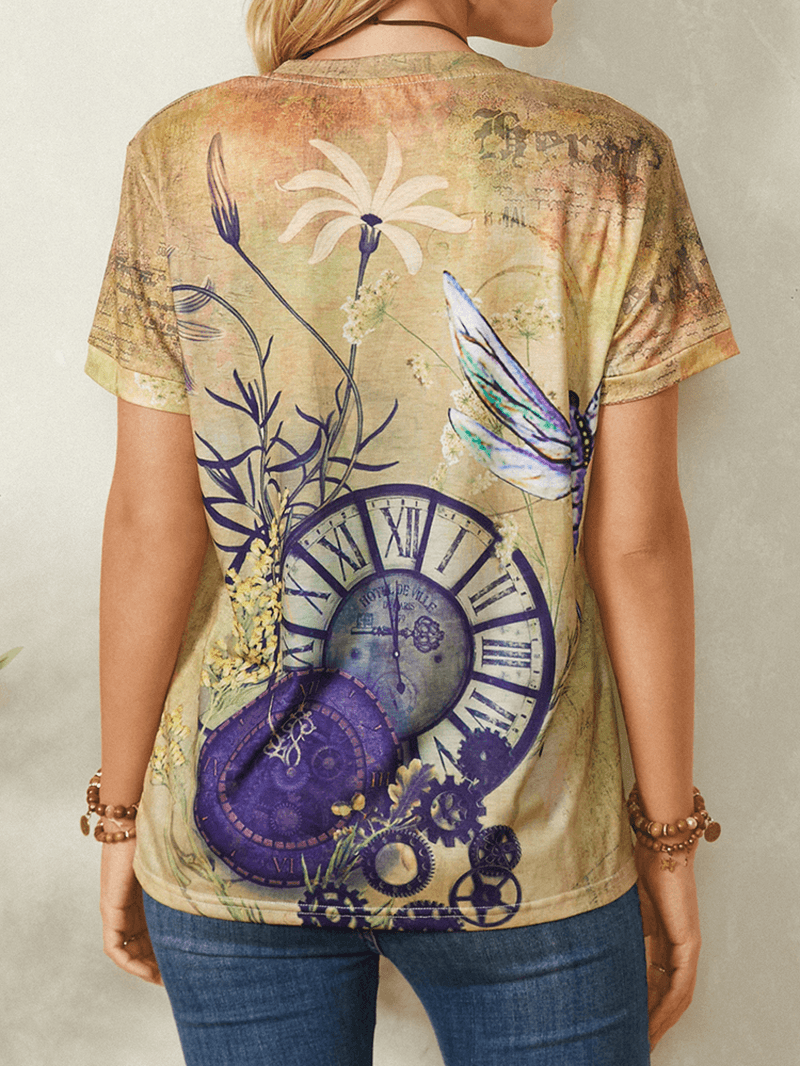 Clock Dragonfly Print Short Sleeve O-Neck Casual Vintage T-Shirt for Women - MRSLM