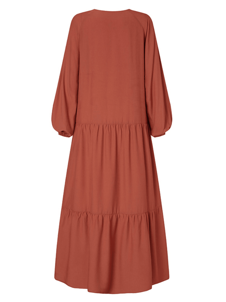 Women Solid Color Button down Front Puff Sleeve Kaftan Robe Maxi Dress - MRSLM