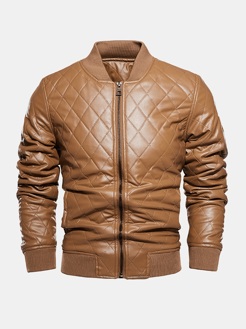 Mens Solid Color Full Zip Velvet Lined PU Leather Jackets - MRSLM