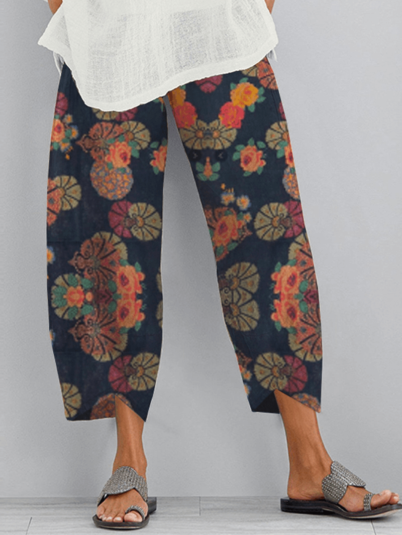 Ethnic Floral Print Elastic Side Pocket Irregular Casual Pants for Women - MRSLM