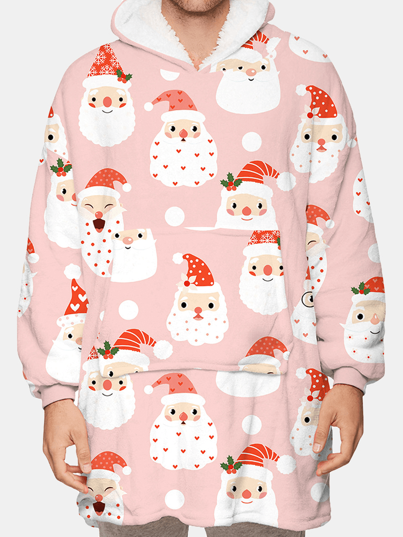 Mens Christmas Cartoon Santa Claus Print Thick Fleece Lined Reversible Home Blanket Hoodie - MRSLM