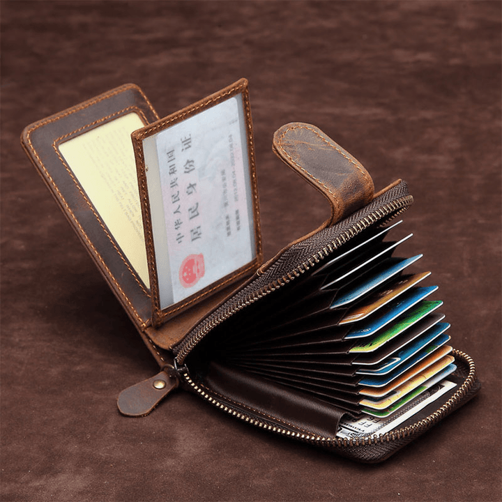 Ekphero Men First Layer Cowhide RFID Anti-Magnetic Zipper Organ Wallet 12 Card Slot Card Holder Driver License Card Case - MRSLM