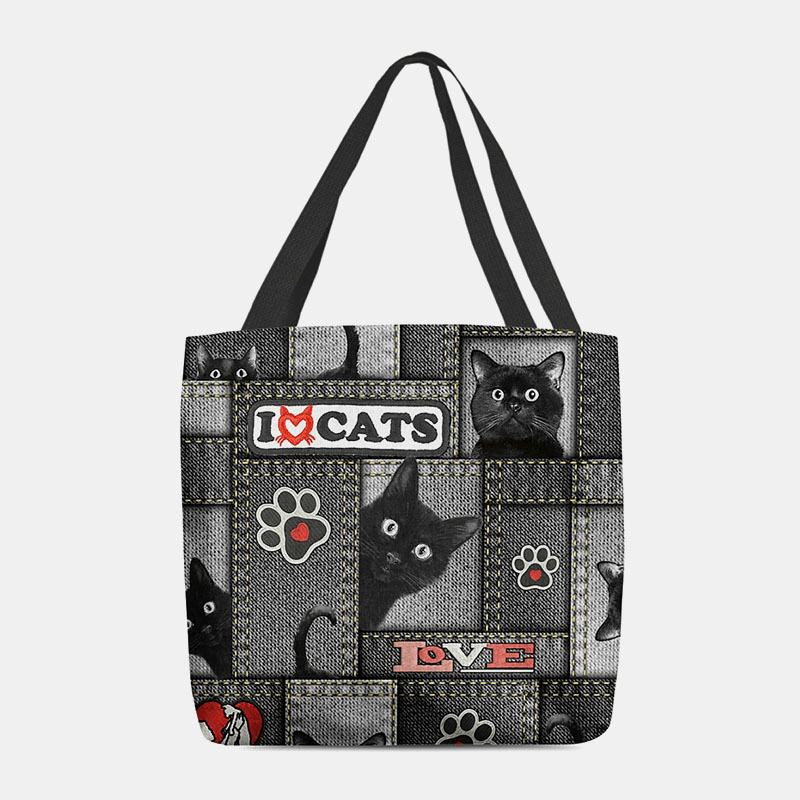 Women Felt Cartoon Black Cat Lattice Frame Pattern Shoulder Bag Handbag Tote - MRSLM