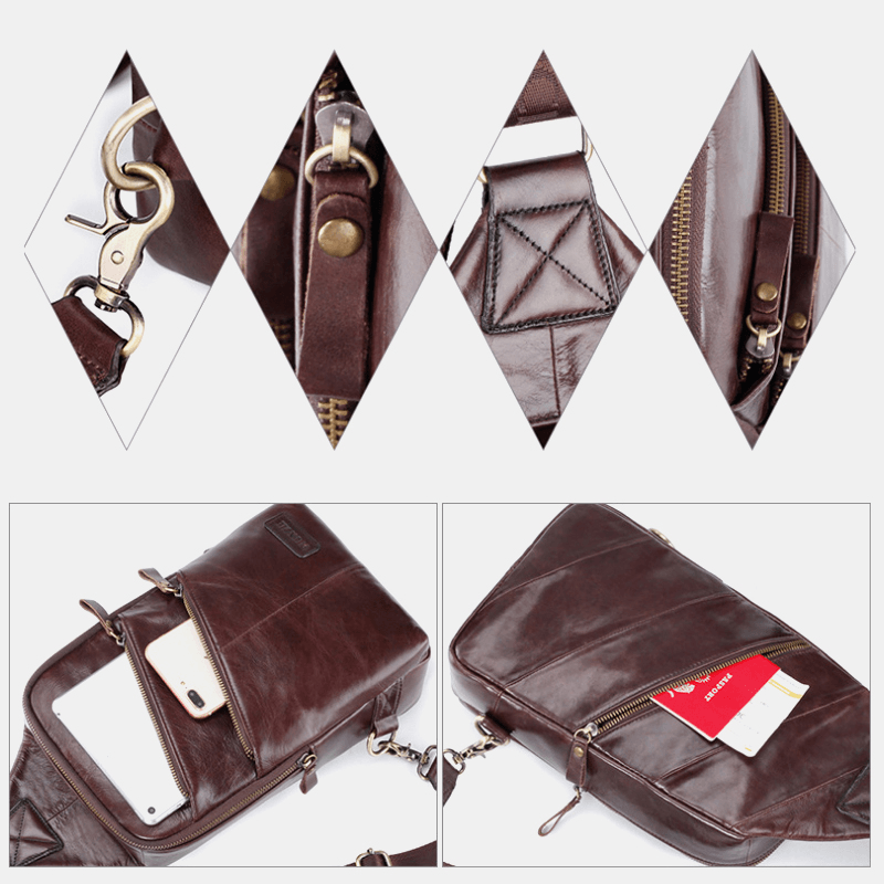 Men Genuine Leather Casual Solid Business Crossbody Bag Shoulder Bag Chest Bag - MRSLM