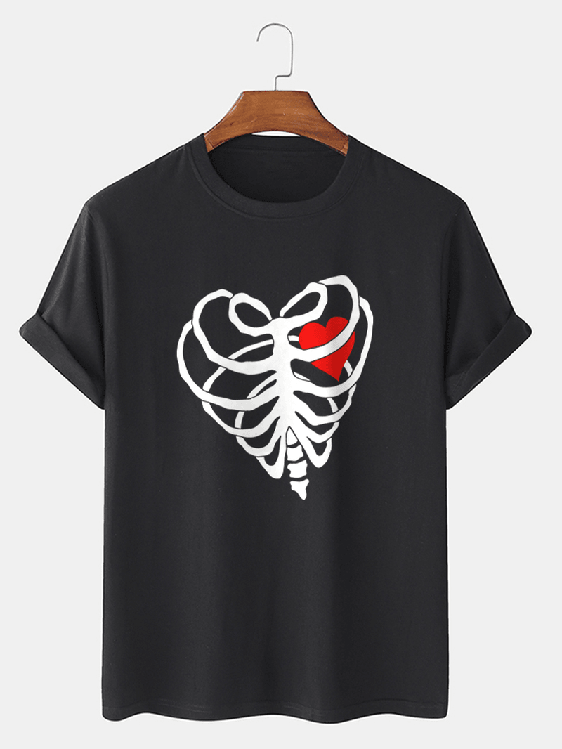 Mens Casual Heart-Shaped Skeleton Cotton Hem Cuff T-Shirt - MRSLM