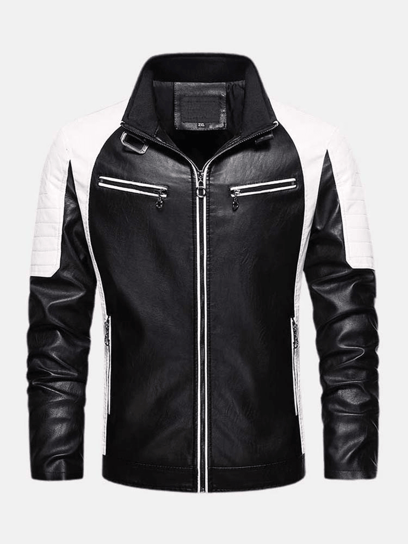 Mens Contrast Patchwork Washed Motorcycle PU Leather Jacket with Pocket - MRSLM