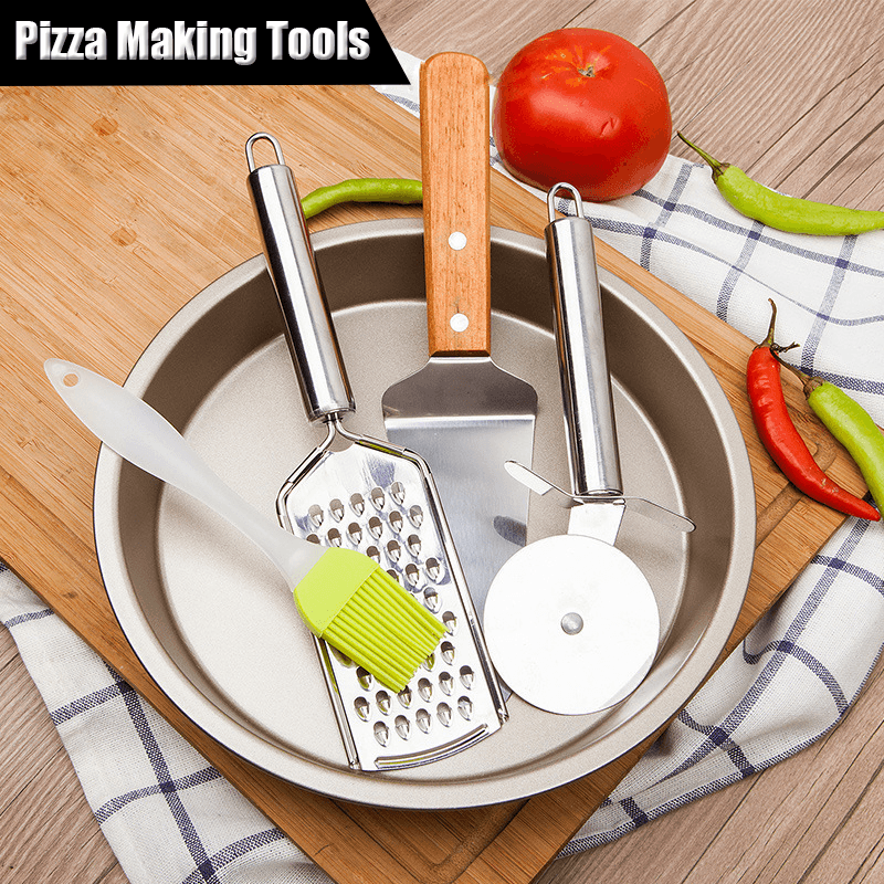 Stainless Steel DIY Pizza Making Tools Shovel Cutter Plate Brush Set - MRSLM