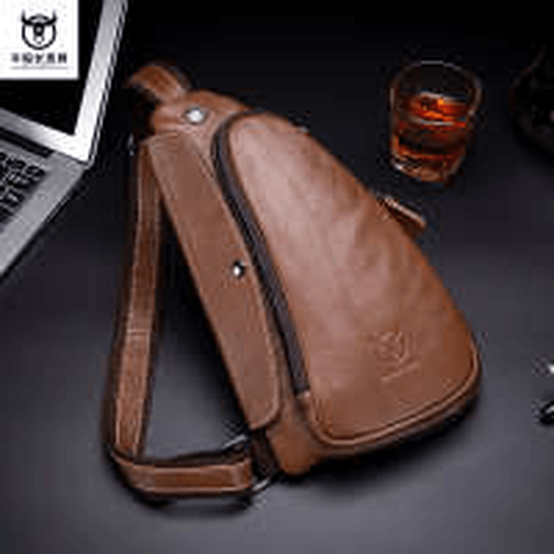 Bullcaptain Men Chest Bag Genuine Leather Sling Bag Solid Crossbody Bag - MRSLM