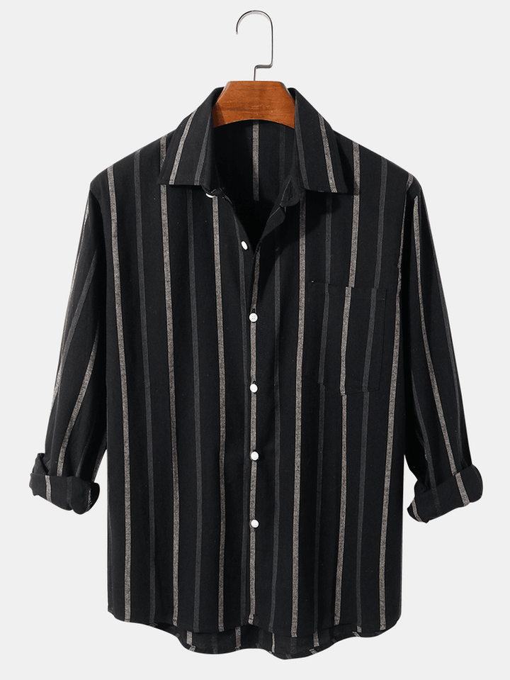Mens Vertical Stripe Cotton Relaxed Fit Button up Long Sleeve Shirts with Pocket - MRSLM