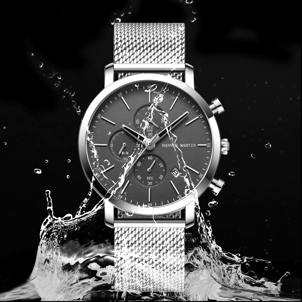 Classic Business Men Watch Stopwatch Calendar Display 3ATM Waterproof Stainless Steel Strap Quartz Watch - MRSLM