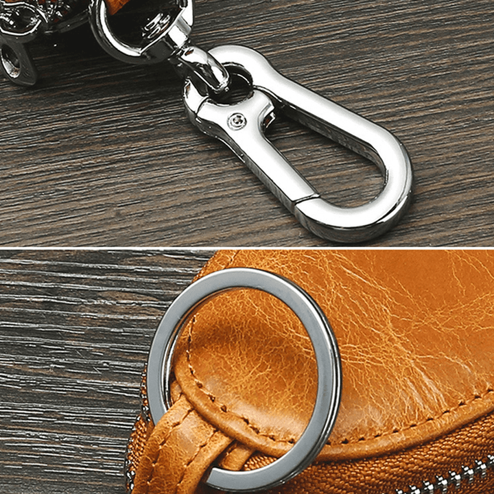 Men Genuine Leather Minimalist Wallet Double Zipper Car Key Case Key Holder - MRSLM
