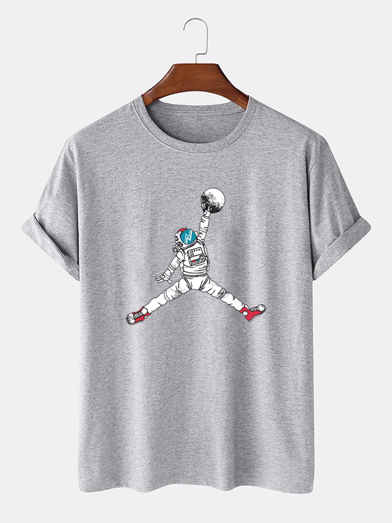 Astronaut Cartoon Print Crew Neck Short Sleeve T-Shirts - MRSLM
