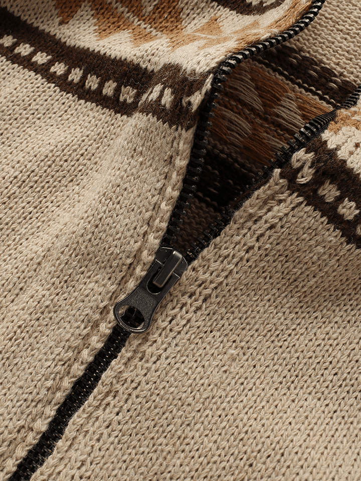 Mens Graphics Knitting Pocket Zipper Long Sleeve Vintage Woolen Jacket - MRSLM