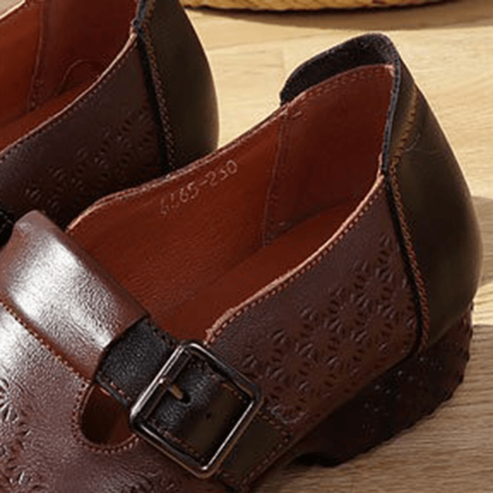 Women Comfy Soft Breathable Hollow Wearable Buckle Casual Leather Loafers - MRSLM