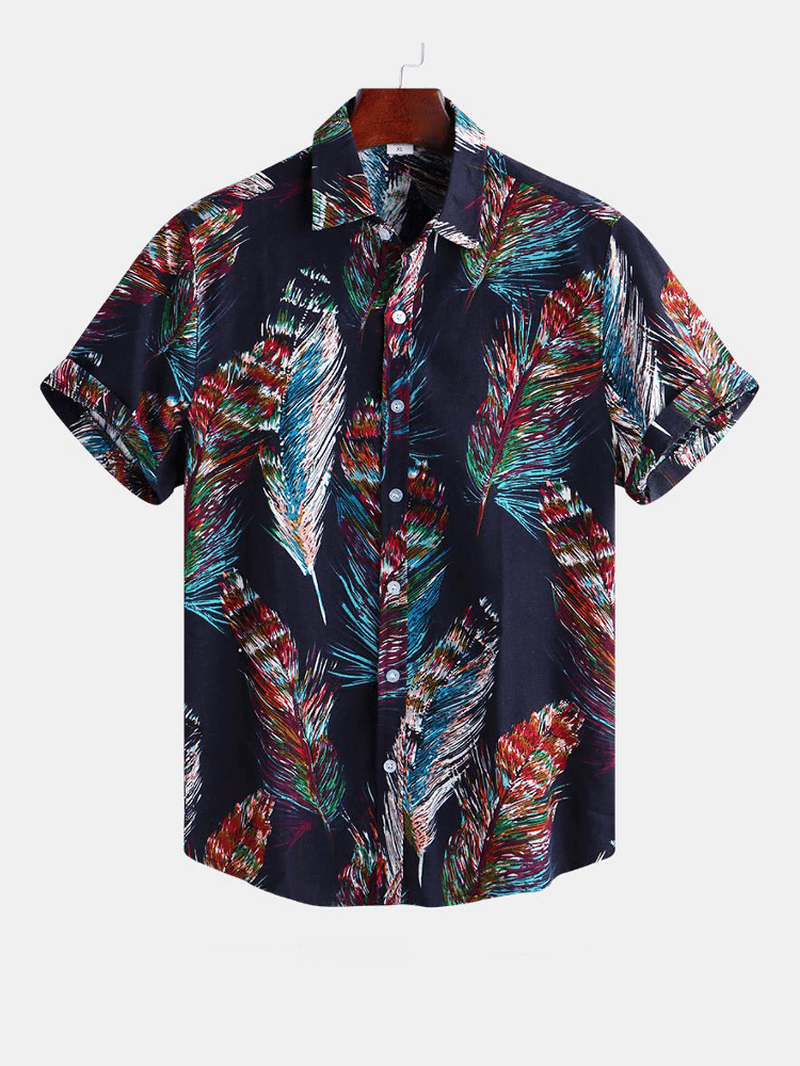 Men Colorful Feather Printign Summer Printed Hawaiian Shirts - MRSLM
