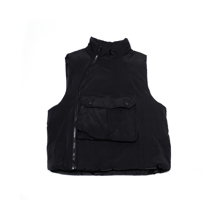 Retro Big Pocket Diagonal Zipper Cotton Vest - MRSLM