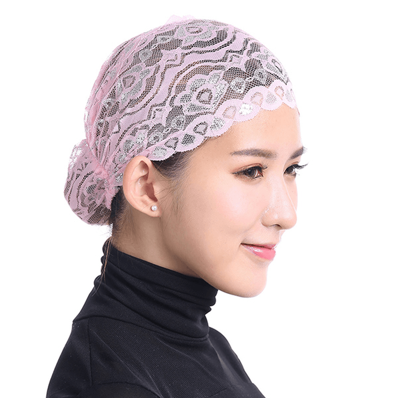Women Shiny Lace Head Coverings Headscarf Hat Islamic Headwear Cap Scarf Hijab Undercaps - MRSLM