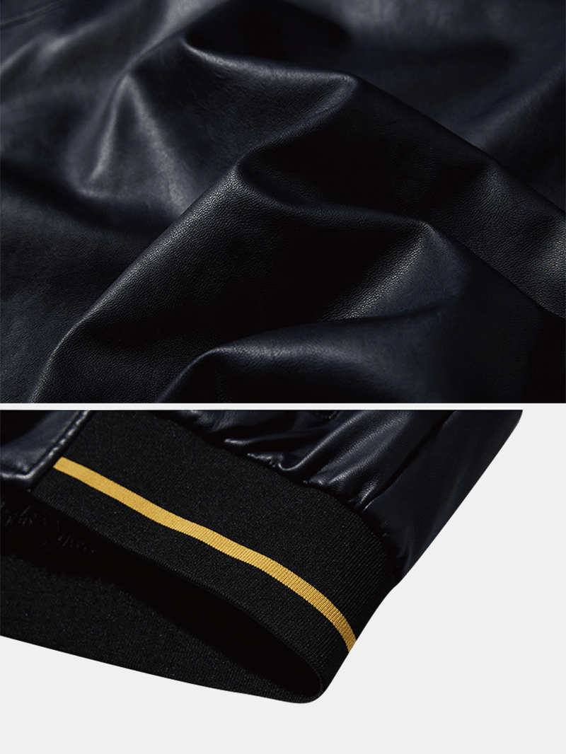 Mens Graphics Embroidery Baseball Collar PU Leather Jacket - MRSLM