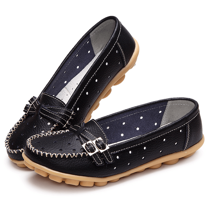 Women Flat Hollow Out Casual Soft Leather Slip on round Toe Loafers - MRSLM