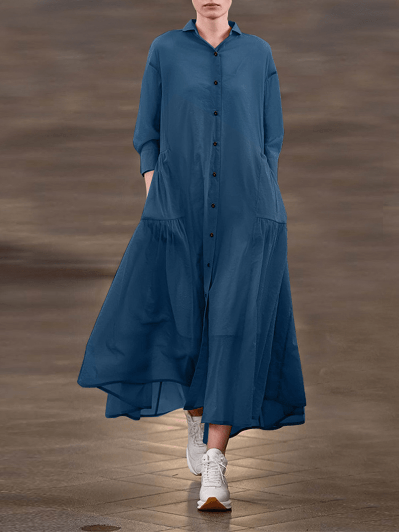 Women Solid Color Lapel Pleats Long Sleeve Casual Shirt Dress with Side Pocket - MRSLM