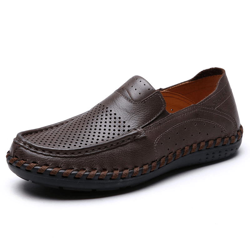 Men Leather Breathable Hollow Out Hand Stitching Soft Sole Non Slip Comfy Casual Shoes - MRSLM