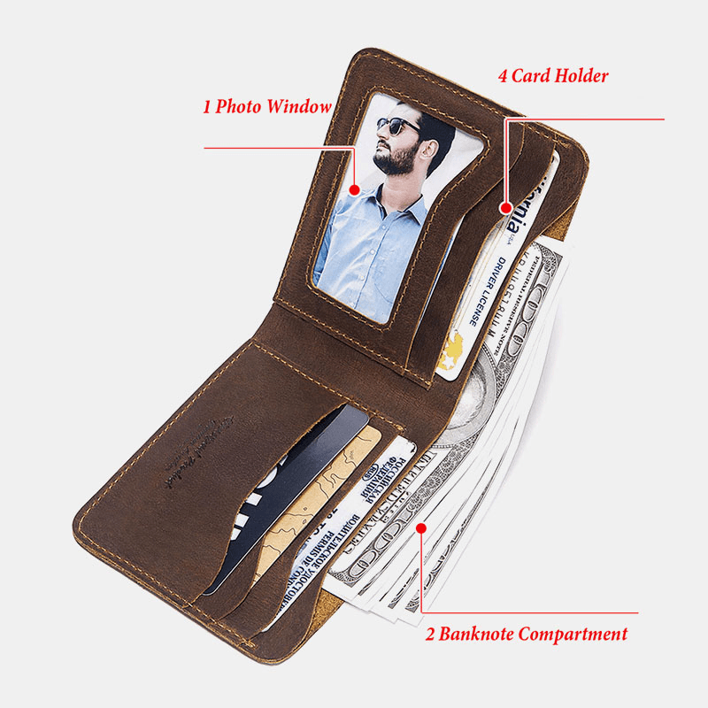Men Genuine Leather Super Light Bifold Open Retro Short RFID Anti-Theft Cowhide Card Holder Coin Wallet - MRSLM