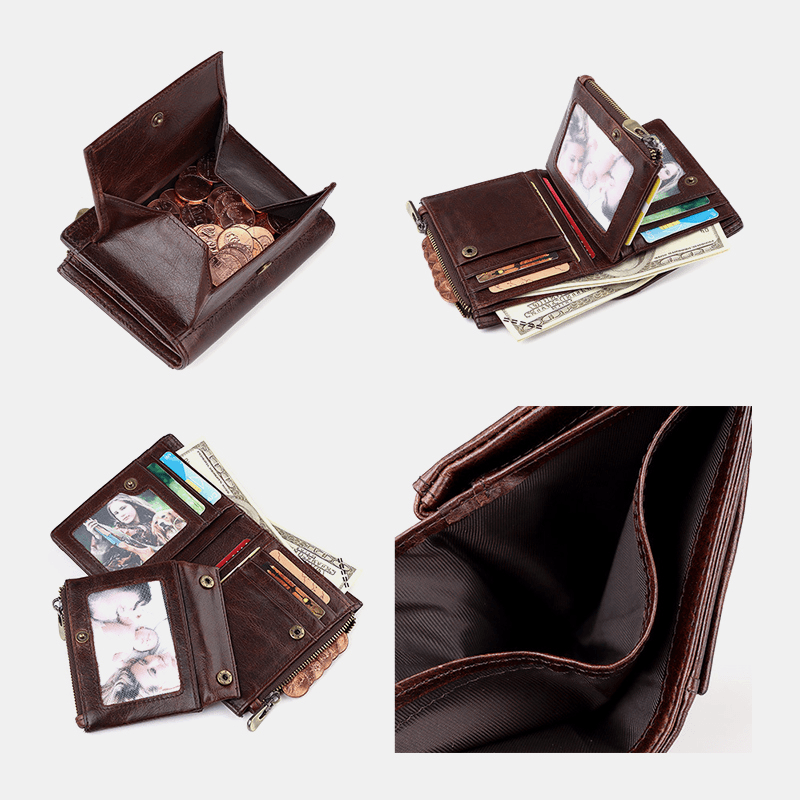 Men Genuine Leather RFID Anti-Theft Double Zipper Retro Business Multi Card Slot Leather Card Holder Wallet - MRSLM