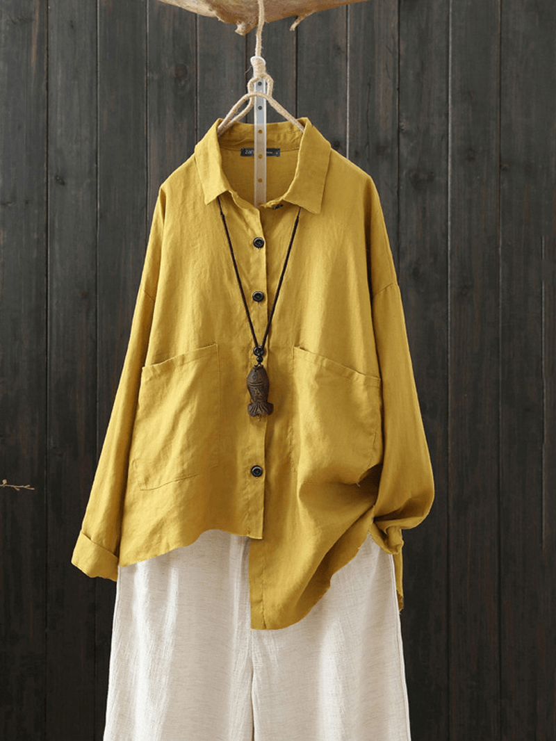 Women Casual Turn-Down Collar Button Solid Blouse - MRSLM