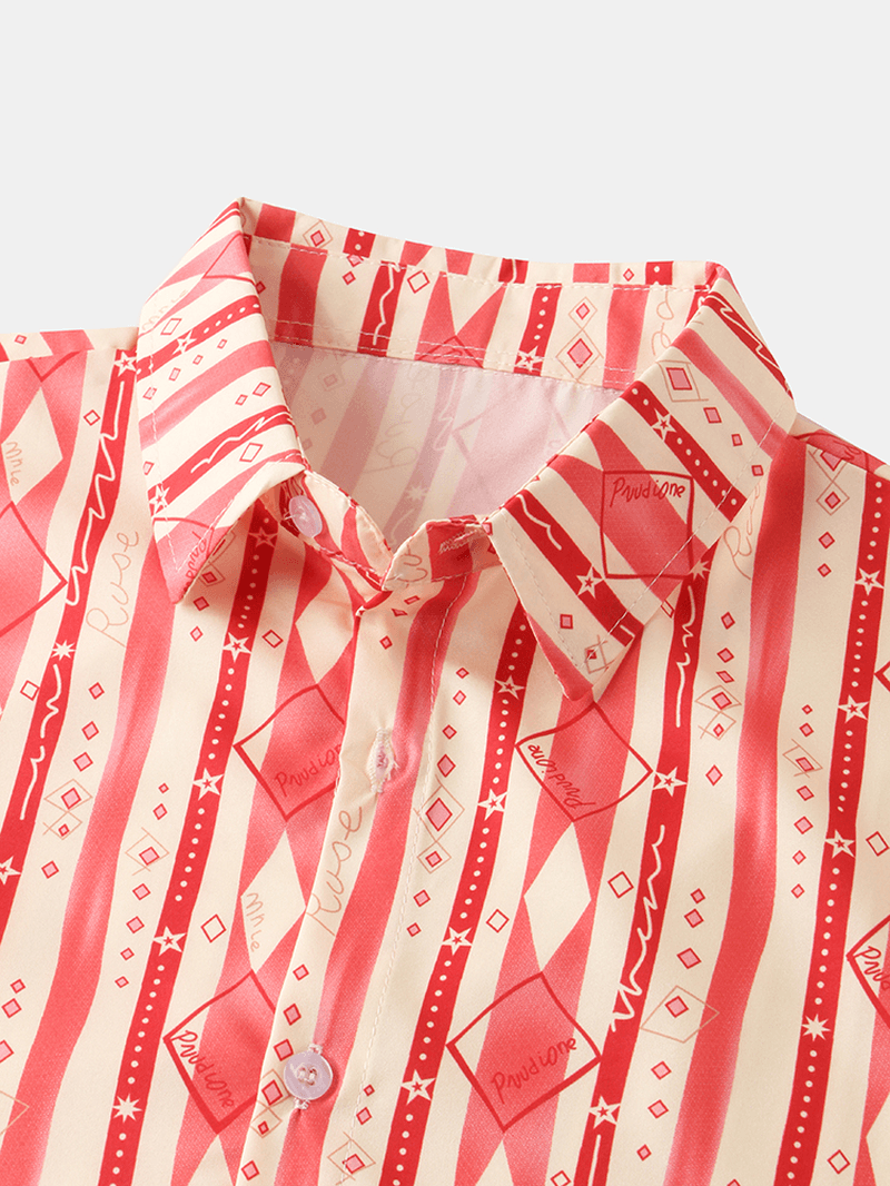Women Vintage Geometry Printed Turn-Down Collar Short Sleeves Loose Casual Shirts - MRSLM