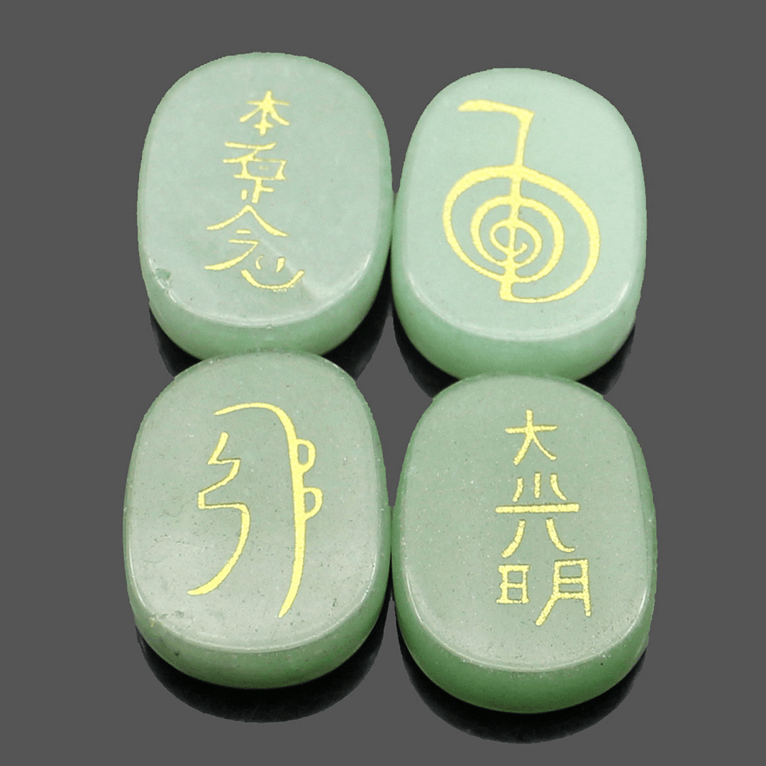 4PCS Engraved Usui Reiki Symbol Healing Energy Sanskrit Palm Crystal Stone Set Stone Decorations - MRSLM