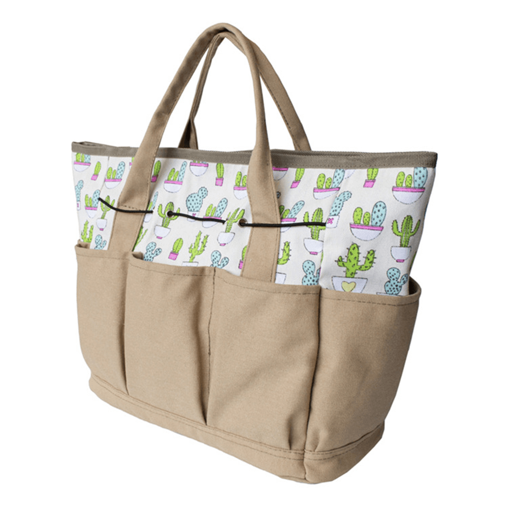 Printed Cactus Pattern 8 Pockets Gardening Kits Tools Organization Bags Canvas Fabric Storage Carry Bags for Shovel Scissor Shear Cutter - MRSLM