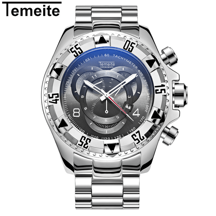 TEMEITE 020G Men Watch Business Waterproof Luminous Stainless Steel Calendar Three-Eyes Quartz Watch - MRSLM