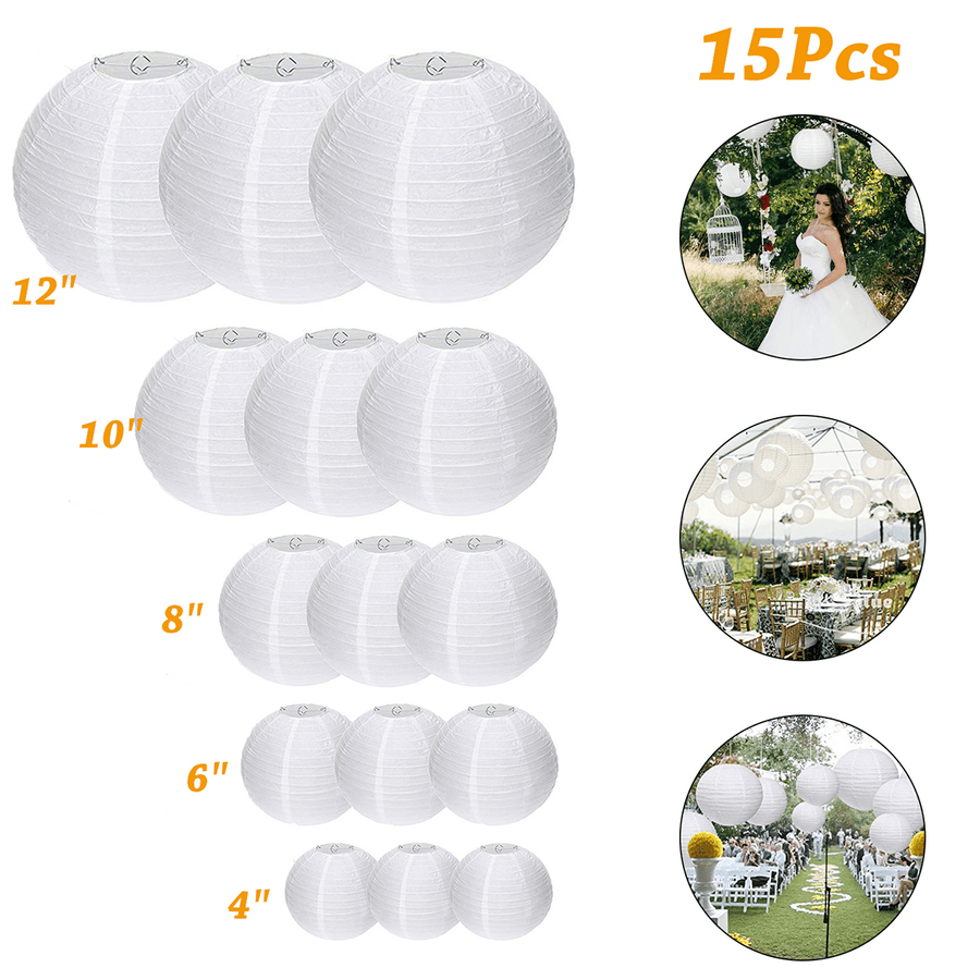 15Packs White round Paper Lanterns with Assorted Sizes for Wedding Party Decorations - MRSLM