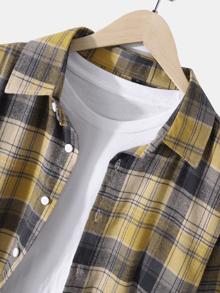 Mens Cotton Plaid Lapel Button up Long Sleeve Shirts - MRSLM