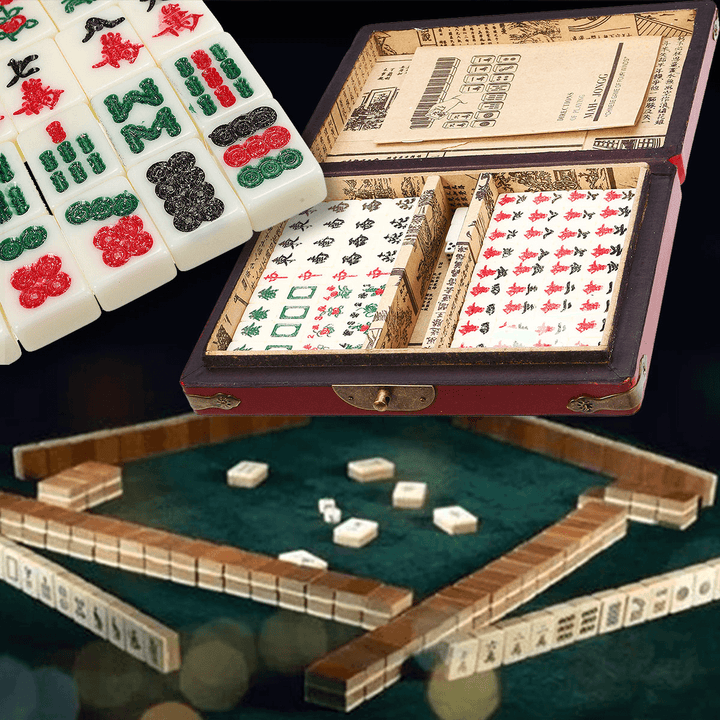 Chinese Mahjong Portable Retro Box Board Game Toy Rare 144 Tiles Mah-Jong Set in Leather Box - MRSLM