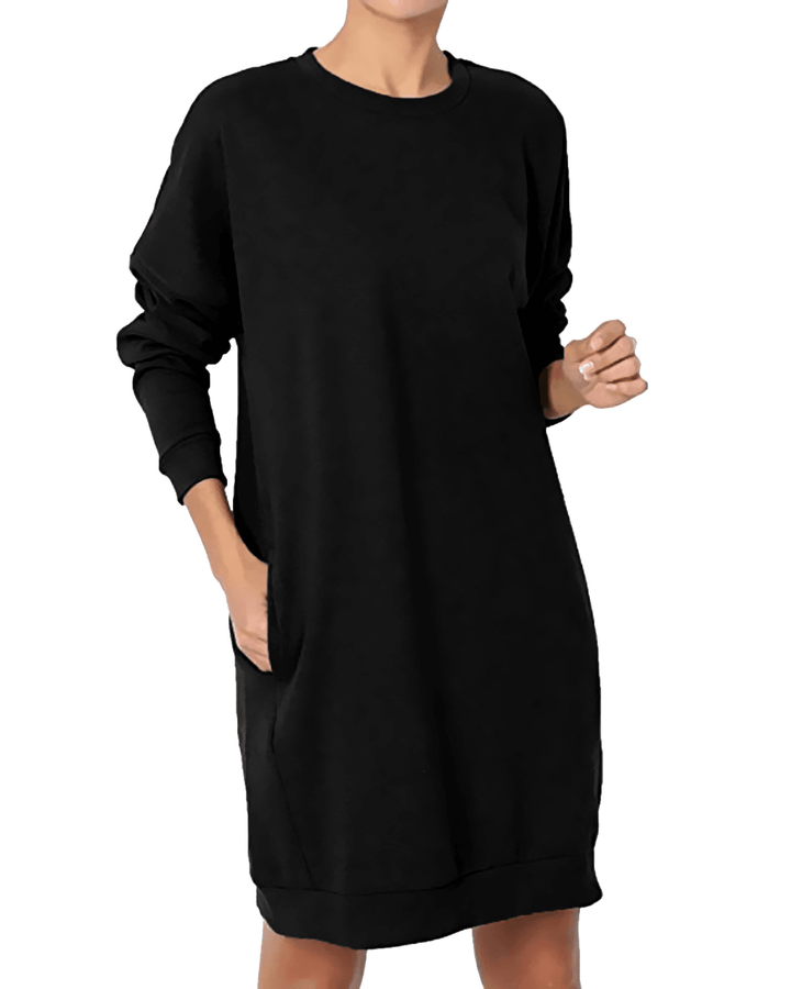 Women Long Sleeve Crew Neck Solid Pullover Loose Hoodie Sweatshirt Dress - MRSLM
