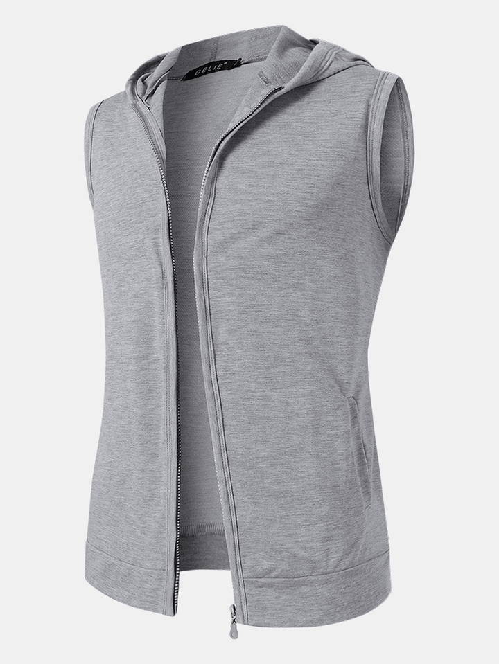 Mens Pure Color Cotton Casual Sleevless Hooded Vests with Pocket - MRSLM