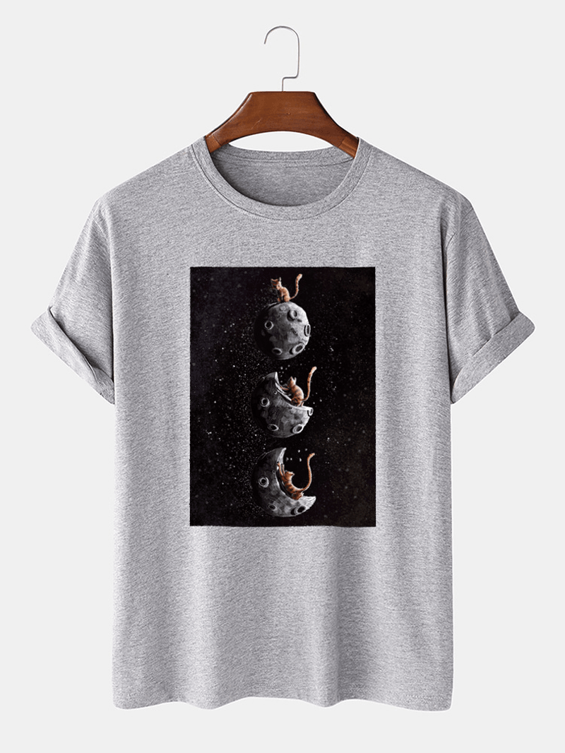 Mens 100% Cotton Space Cat Graphic Print Casual Short Sleeve T-Shirt - MRSLM