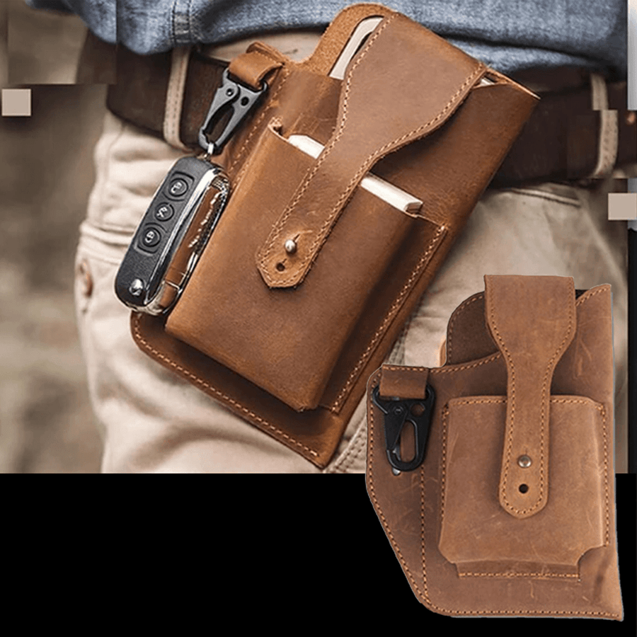 Ekphero Men Genuine Leather Vintage 6.3 Inch Phone Bag Multifunction Keychain Cowhide Waist Bag - MRSLM