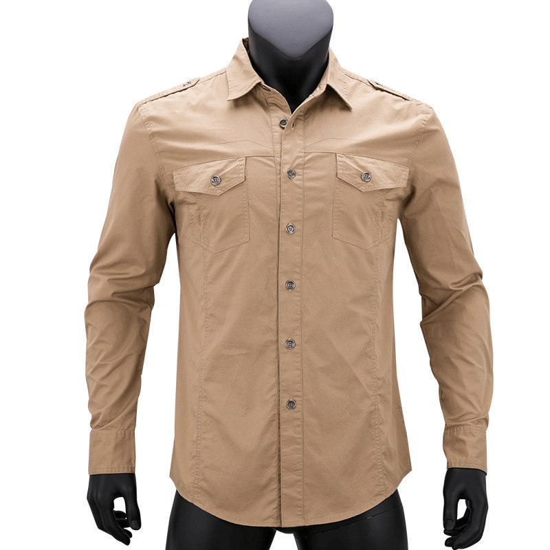 Men'S Military Long Sleeve Dress Shirt with Epaulets - MRSLM