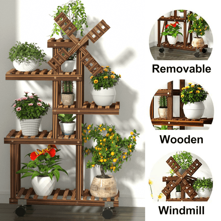 Multi-Tier Wooden Plant Flower Stand Plants Shelf Bookshelf Standing Flower Potted Windmill Plant Holder Display Outdoor Decor + Planting Tools Kit with Wheel - MRSLM