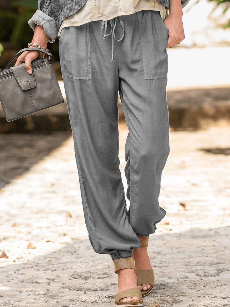 Women Solid Color Pocket Loose Elastic Waist Pants - MRSLM