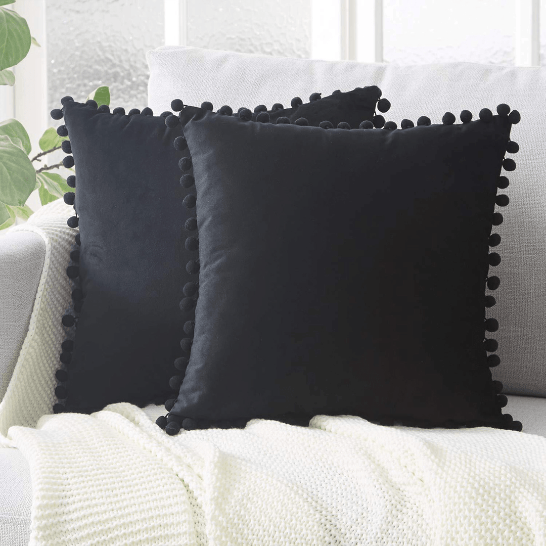 45*45Cm Soft Velvet Pillow Covers Cute Pom Poms Throw Pillow Covers Square Cushion Case for Sofa Couch Home Decor - MRSLM